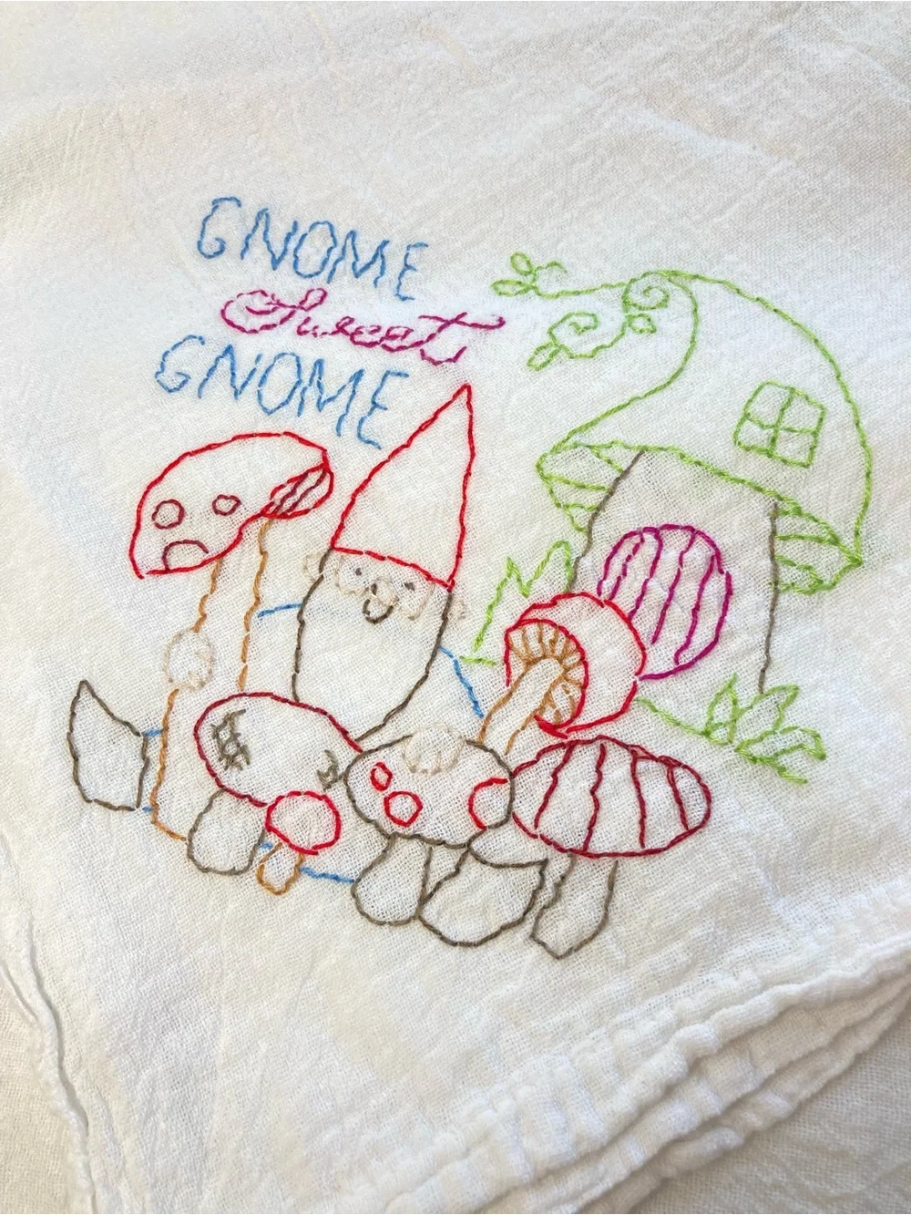 Hand-Embroidered Whimsical Gnome Flour Sack Kitchen Dish Towels - Set of 3
